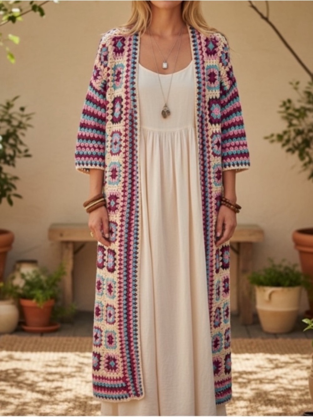 New Anthro SAACHI Handcrafted Crochet Cotton Granny Square Kimono Cardigan OSFM